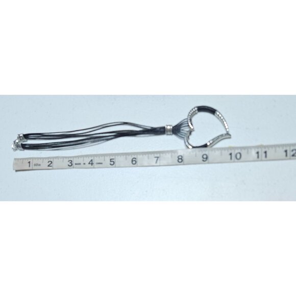 Heart-Shaped Silver Tone Pendant Necklace Black Multi Strand Cord Jewelry Women - Picture 6 of 7